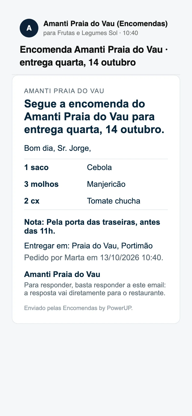 O email que o fornecedor recebe: a encomenda do restaurante para quarta-feira, com cada quantidade e produto, a nota, a morada de entrega e quem pediu.